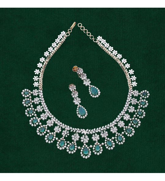 Bridal diamond emerald Flower Design necklace set