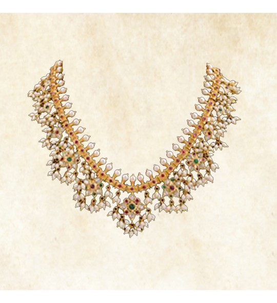 Flower design pearls drop gold necklace