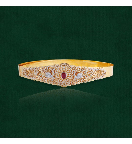 Gold and Diamond Vaddanam with Peacock work