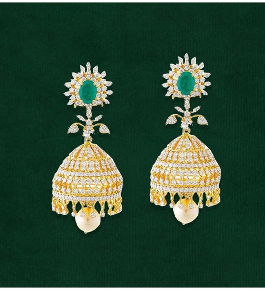 Gold with diamond and emerald studded Jhumkas