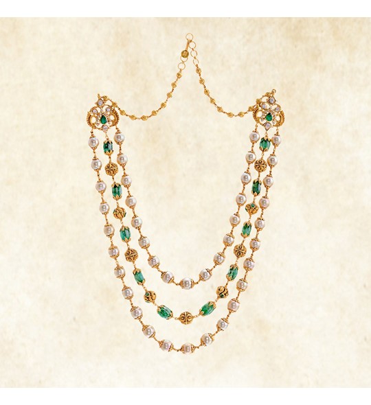 Three line emeralds beads mala with south sea pearls