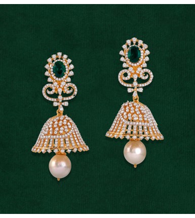 Diamond Jhumka Earrings Crafted In Yellow Gold with Emerald