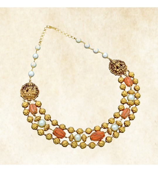 Gold Antique Coral Beeds and South Sea Pearl Necklace
