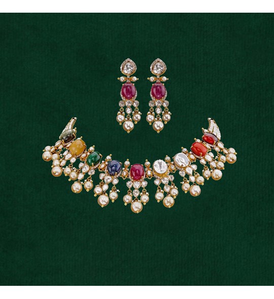 Gold Navaratan  diamond necklace set