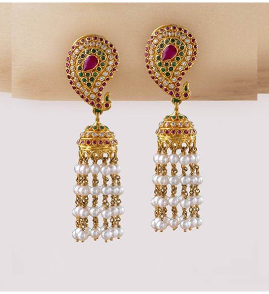 Gold and Pearls Jhumka Earrings