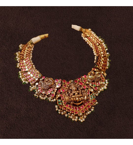 Antique Kundan Deity Lakshmi Necklace gold with Rubies Emeralds