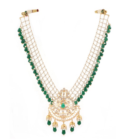 Mesh Pattern Emeralds & Pearls Gold Necklace