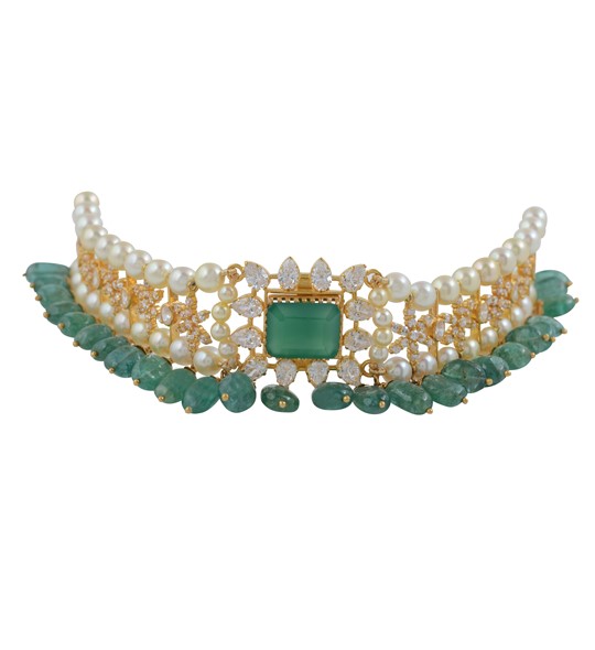 Emeralds, Pearls Choker Necklace in yellow gold