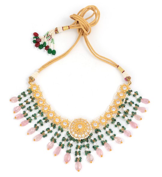 Pearls CZs Emeralds Choker Necklace in yellow gold
