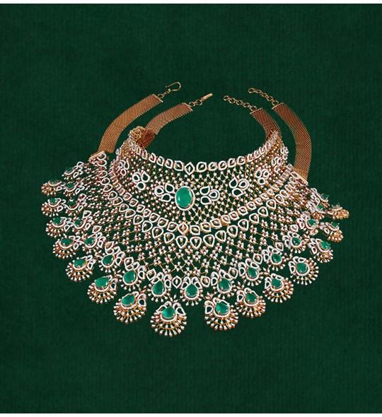 Diamonds, Emeralds Double Decker Choker Necklace crafted using yellow gold