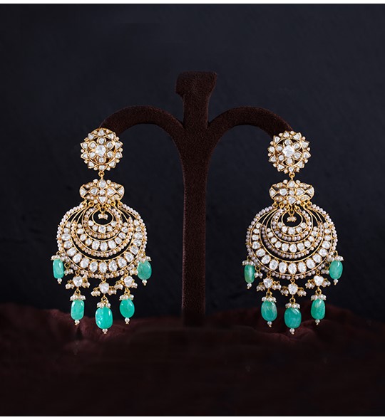 Polki Emeralds beads Chandbali Earrings in yellow gold