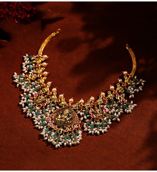 Laxmi  Guttapusalu Necklace in kundan and Nakshi workmanship using yellow gold