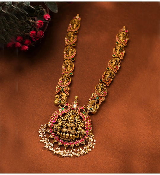Peacock Necklace Haar in Nakshi and Kundan work using yellow gold