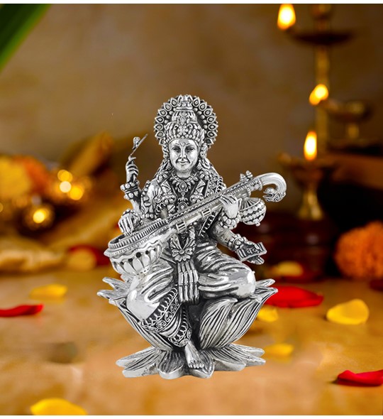 Vintage Saraswati Goddess Silver Idol