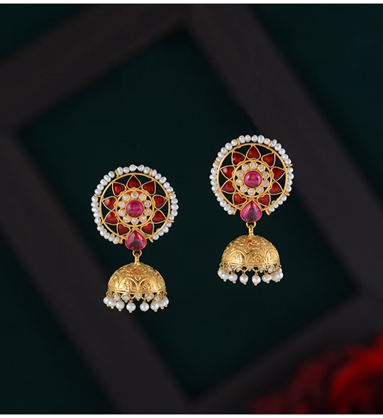 Gold Floral Pearl Jhumka Earrings