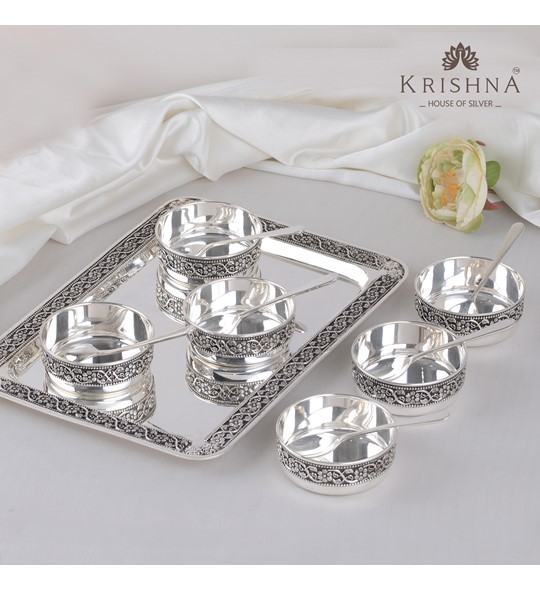Silver Tray With Bowls & Spoons