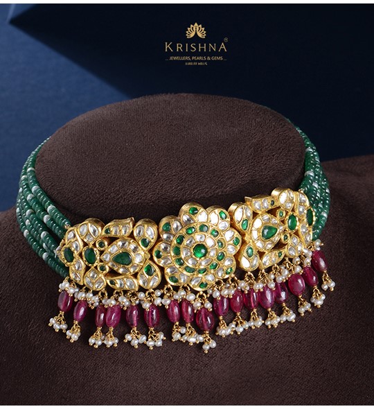 Gold Emerald Polki Choker with Pearl and Ruby Drops