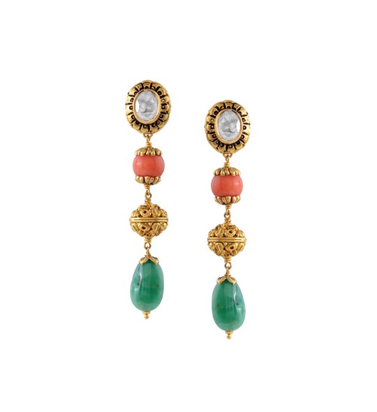 Coral Emerald Earrings in Gold