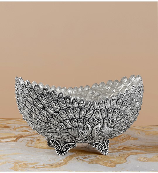Peacock Feather Silver Bowl