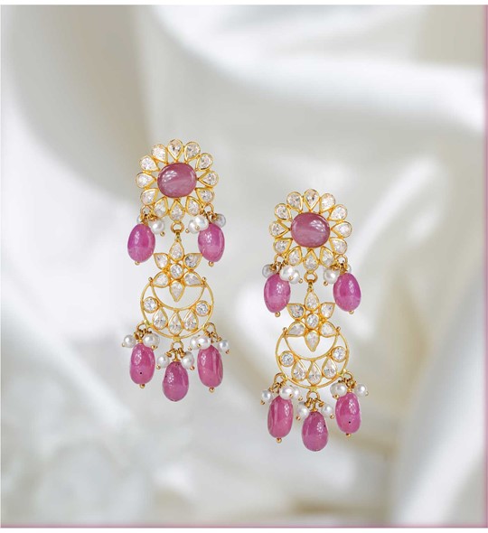 Floral Ruby Gold Pearl Earrings