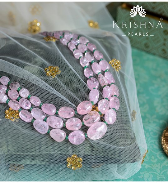 Morganite Beads Necklace with Emeralds