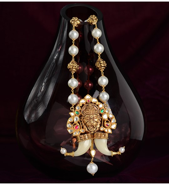 Pearl Haram With Gold Narasimha  Pendant