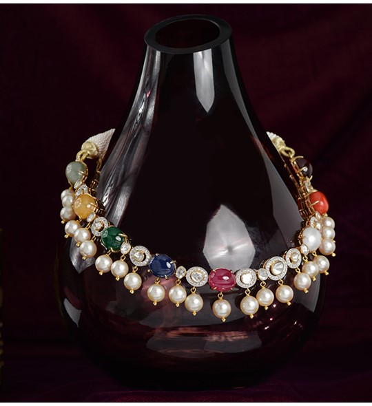 Gold Pearl Choker Necklace With Navaratna Stones