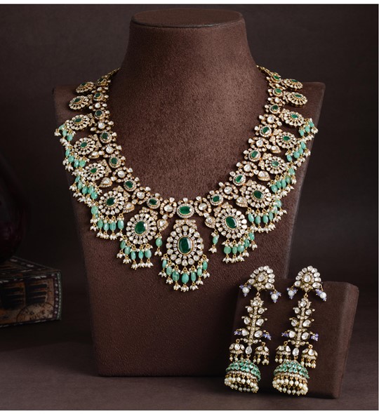 Uncut Diamond Necklace Sets with Pearls and Emerald Combination