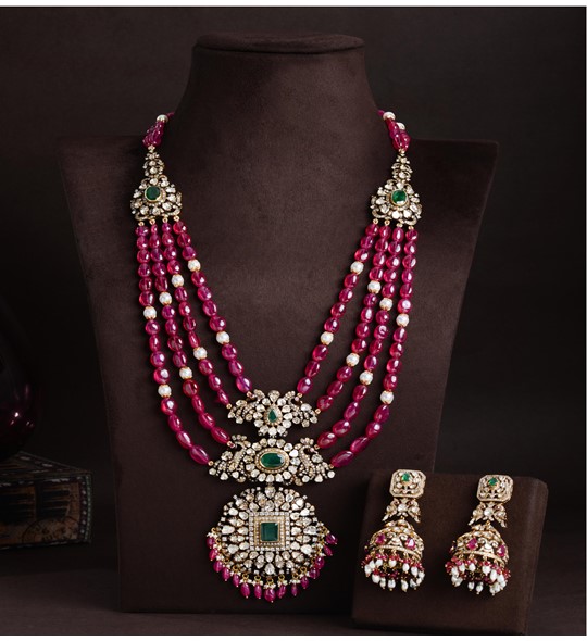 Polki Necklace Sets in Ruby Beads and Pearls