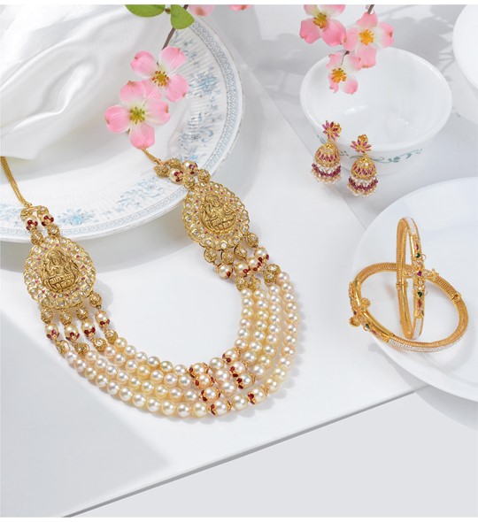 Luxe Gold Pearl Necklace Sets in Lakshmi Motif