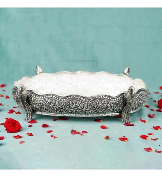 Silver Flower Tray with Peacock Motif