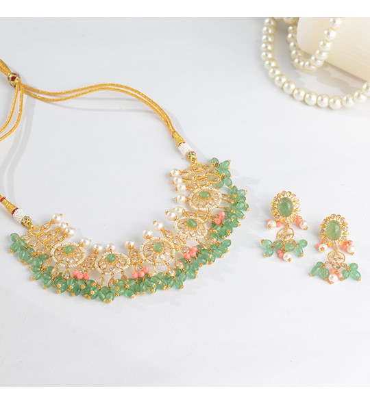 Gold Pearl Choker Sets in Floral Motif