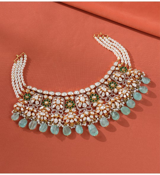 Gold Polki Choker Necklace with Emerald Beeds