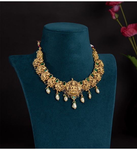 Gold Necklace in Peacock and Lakshmi Motif