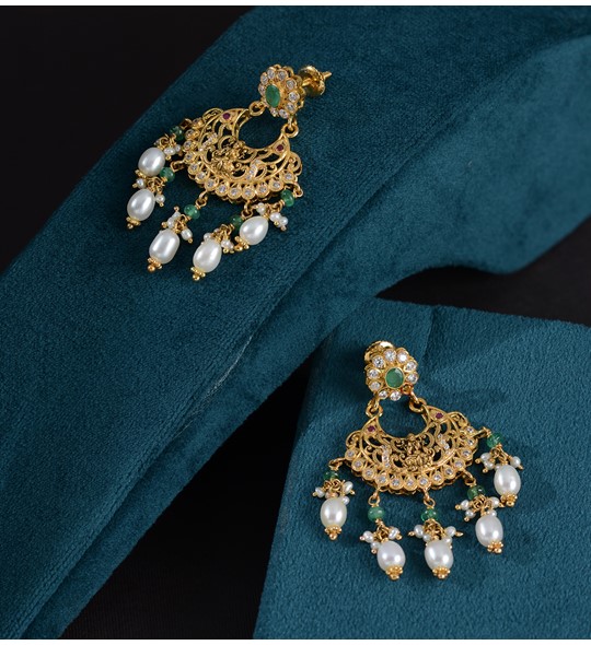 Gold Chandbali Earrings with Pearl drops
