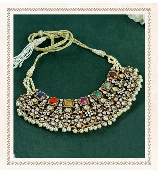 Queenly Polki Choker Necklace  With Navratna Stones