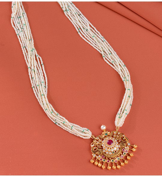 Goddess Lakshmi Gold Pendant with Pearl Chain