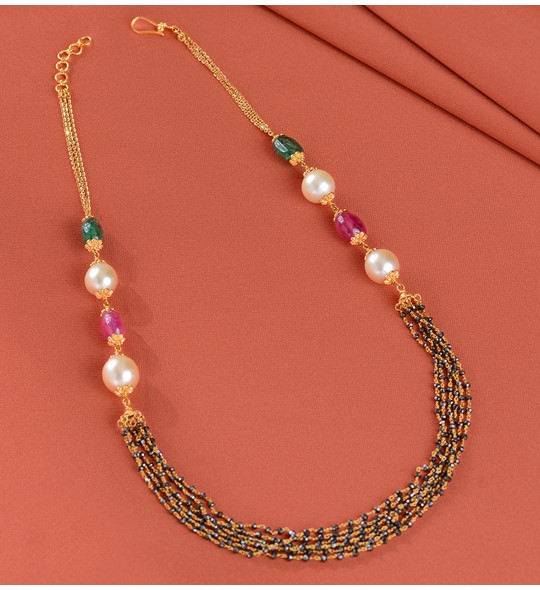 Gold Pearl Necklace with Ruby and Black Beeds