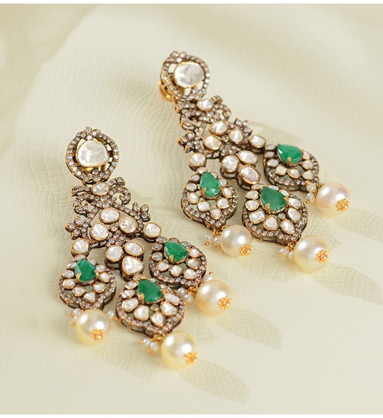 Victorian Polki Earrings with Pearls and Emeralds