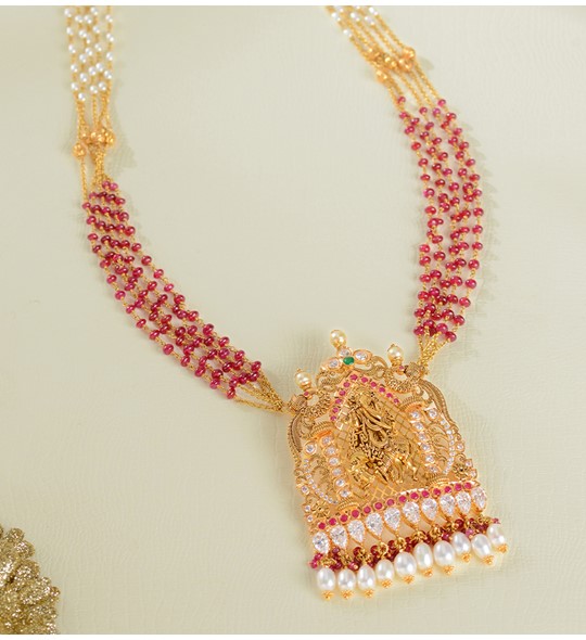 Multiline Gold Ruby Beads Necklace with Ganesh Pendant