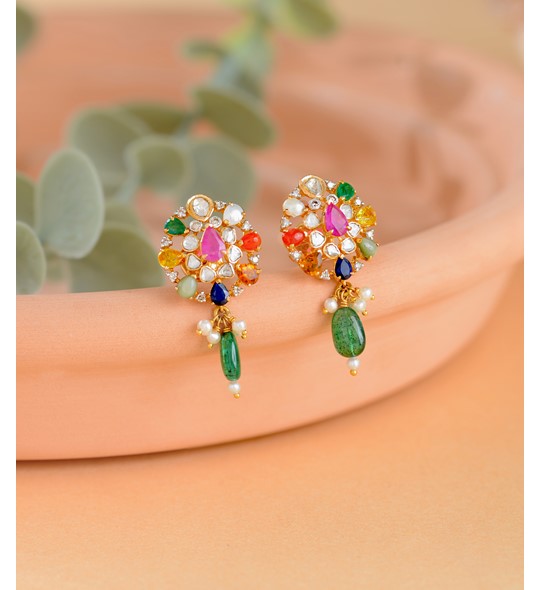 Floral Emeralds & Polki Stud Earrings
