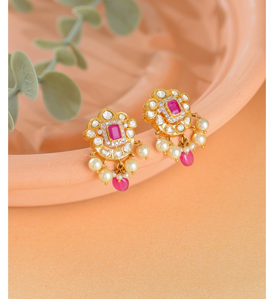Polki Diamond Studs With Ruby And Pearl Drops