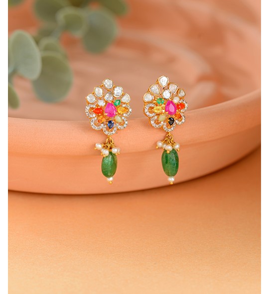 Floral Diamond Earring With Navaratna Stone