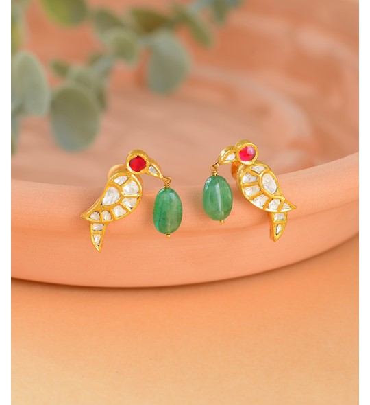 Polki Diamond Studs Earrings in Parrot Motif