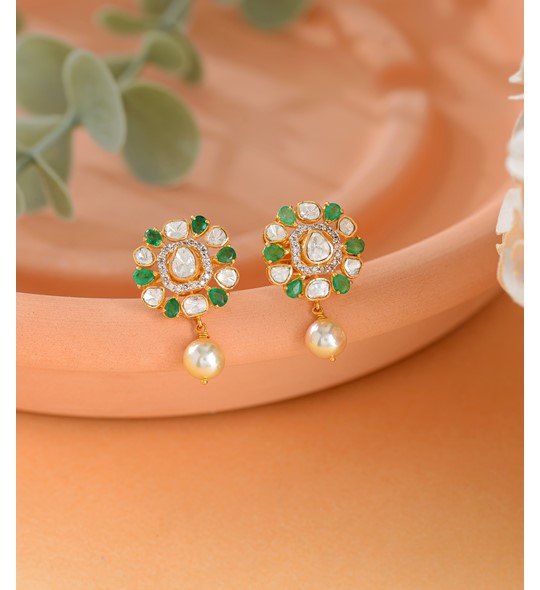 Hanging Pearls Floral Polki Studs Earrings