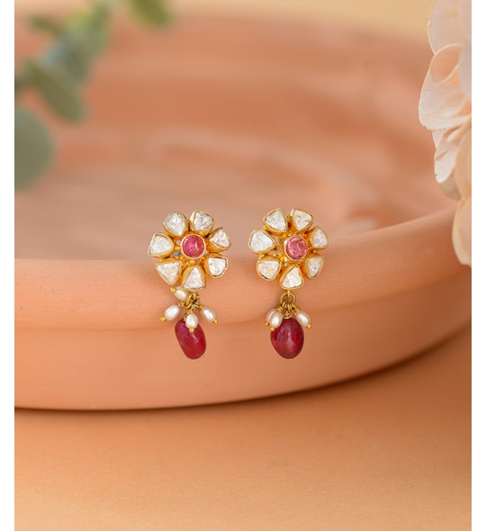 Polki Diamond Studs - Pearls and Ruby Beads