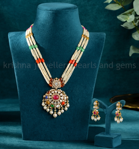 Gold Pearl Necklace Sets in Navaratna Motif