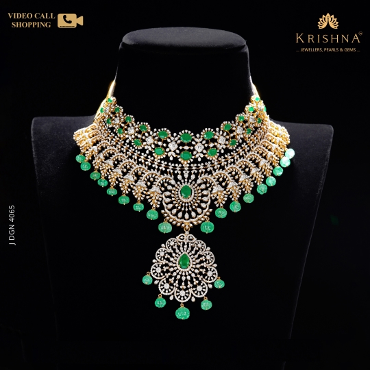 Diamond Choker With Karbuja Emerald Beads