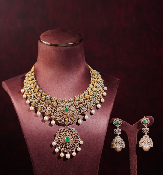 Diamond Hanging Pearls Necklace & Jhumka Earrings