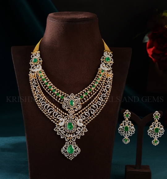 Diamond & Emerald Necklace and Earrings Set